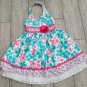 Sweet Heart Rose floral halter dress teal pink girls size 5